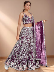 Elegant Purple Sequins Net Reception Wear Lehenga Choli With Dupatta