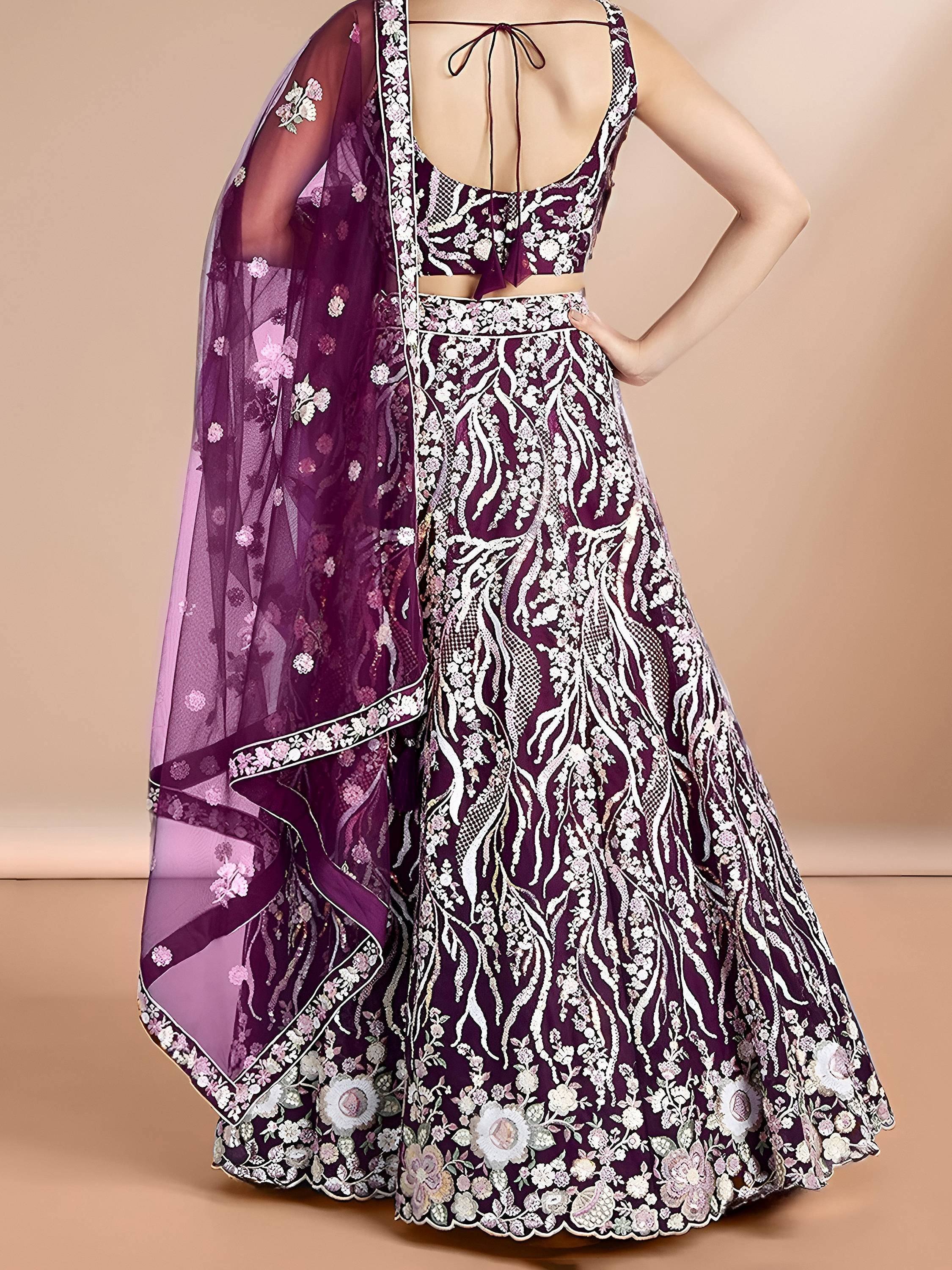 Purple floral embroidered lehenga choli with sheer dupatta, Indian ethnic wear for weddings