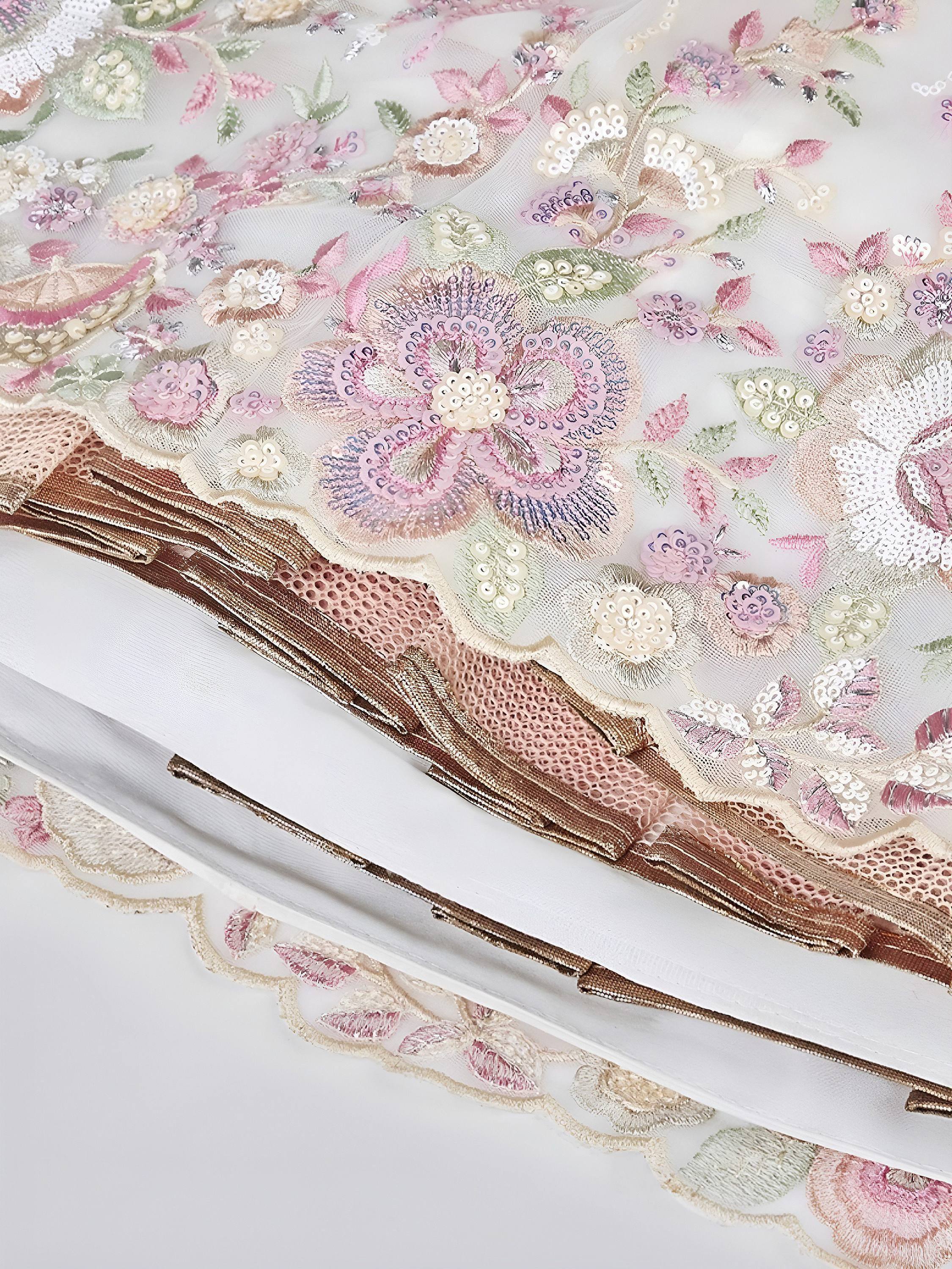 Delicate floral embroidery with sequins and beads on sheer fabric, perfect for designer lehenga choli or ethnic gown.