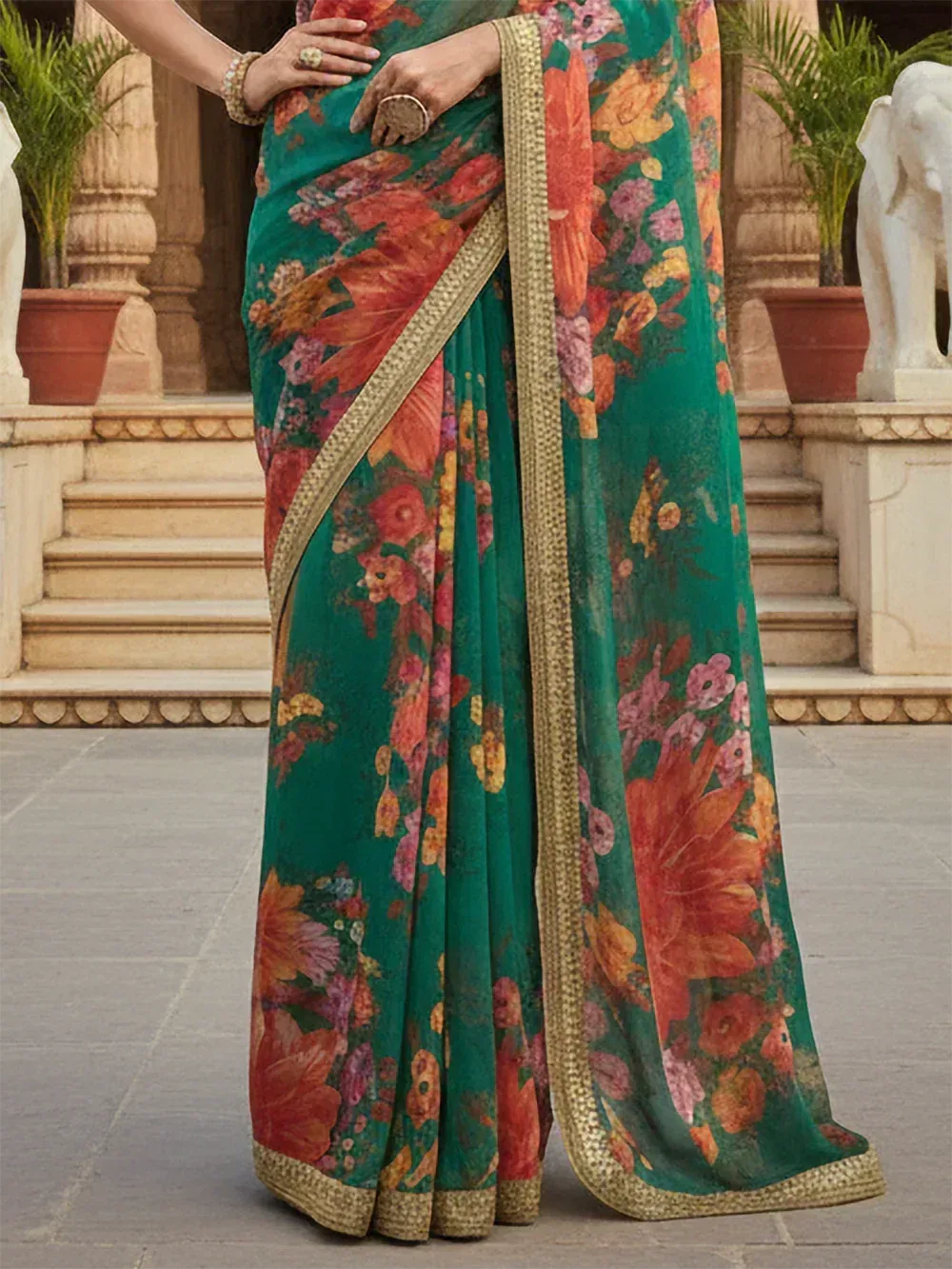Green floral printed saree with gold border, Indian ethnic wear for women