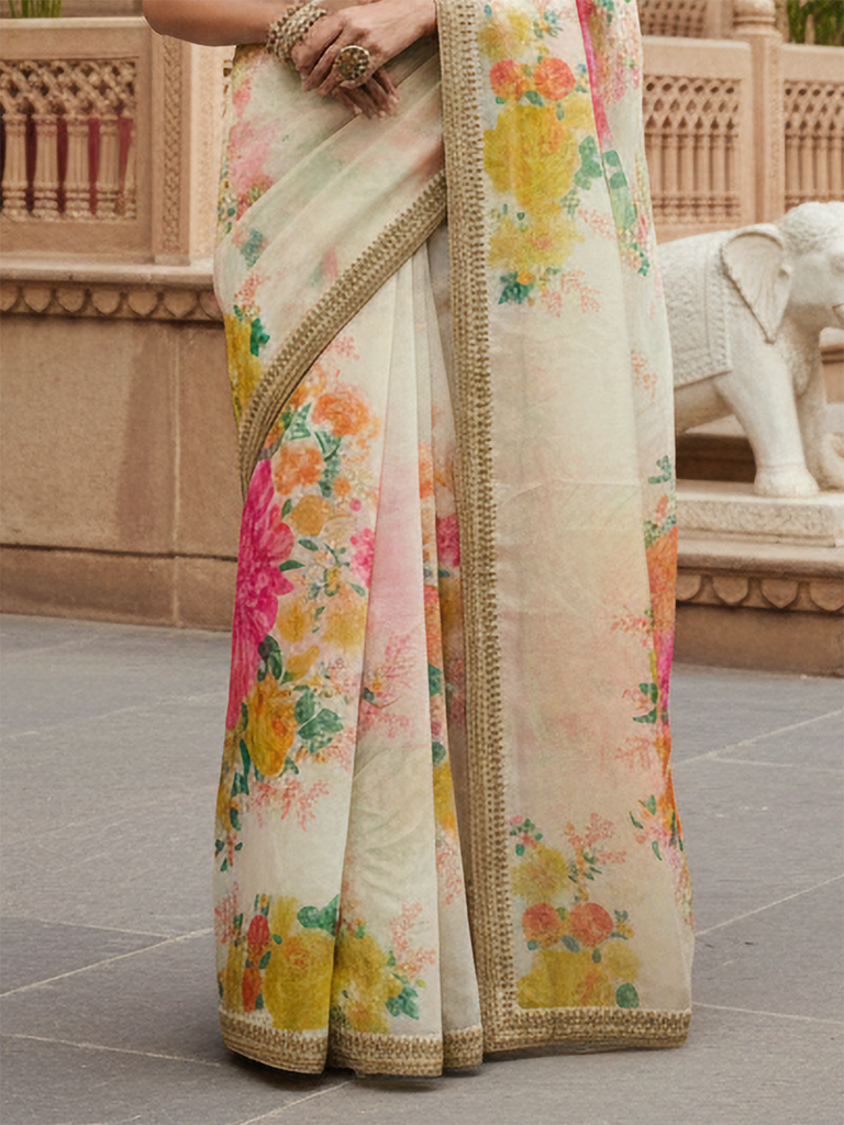 Beautiful Off White Floral Printed Organza Festival Wear Saree With Blouse
