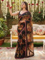 Outstanding Black Floral Printed Organza Reception Wear Saree With Blouse