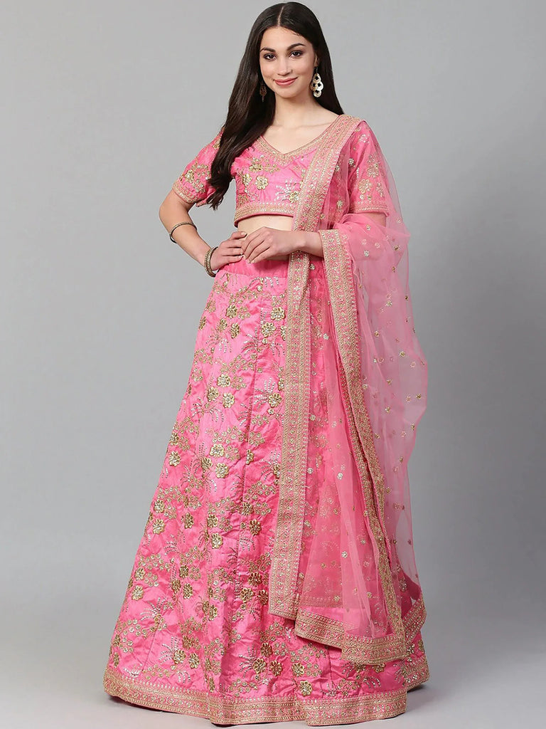 Sparkling Pink Embroidered Silk Wedding Wear Plus Size Lehenga Choli