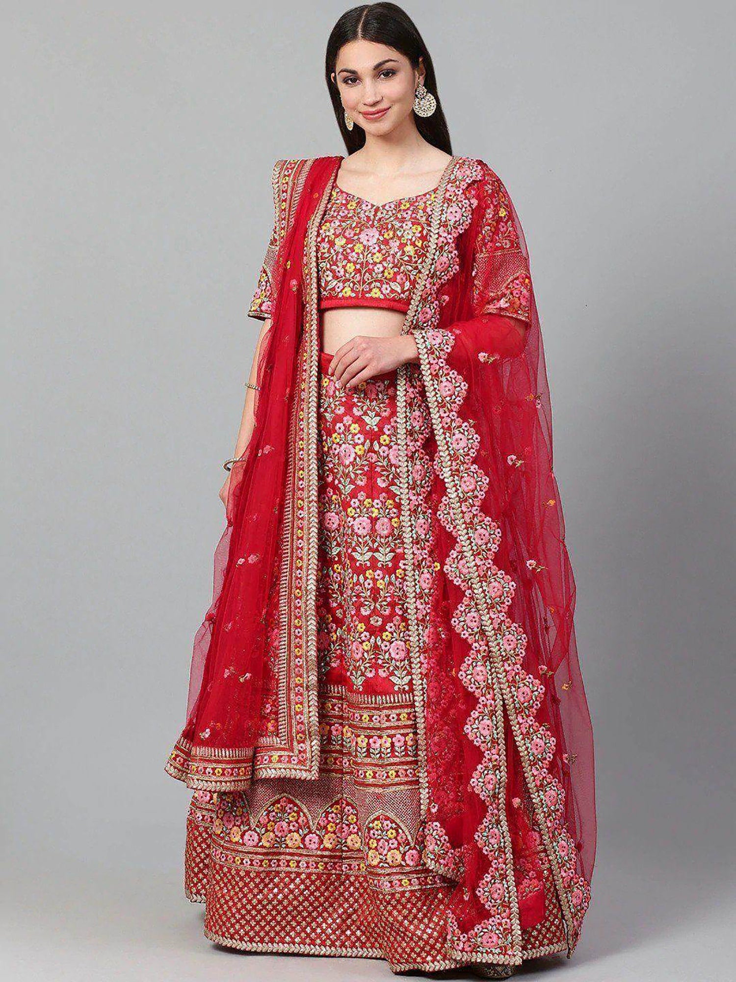 Lovely Red Embroidered Silk Plus Size Lehenga Choli With Double Dupatta