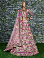 Anushka Sharma Peach Embroidered Taffeta Silk Bridal Wear Lehenga Choli