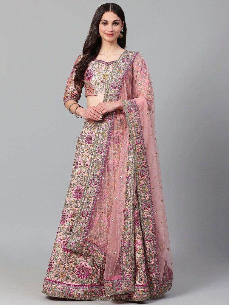 Beautiful Peach Embroidered Silk Sangeet Wear Plus Size Lehenga Choli