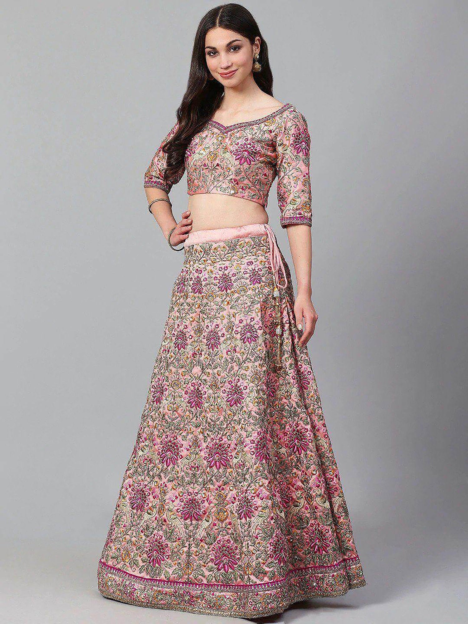 Beautiful Peach Embroidered Silk Sangeet Wear Plus Size Lehenga Choli