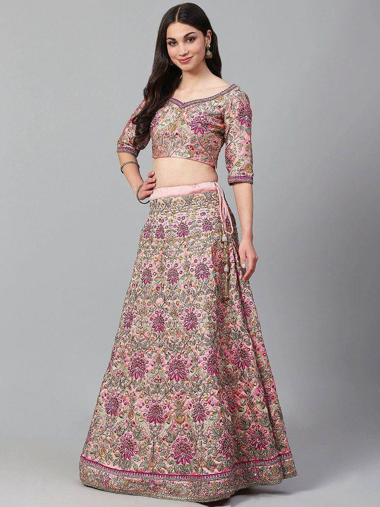 Beautiful Peach Embroidered Silk Sangeet Wear Plus Size Lehenga Choli