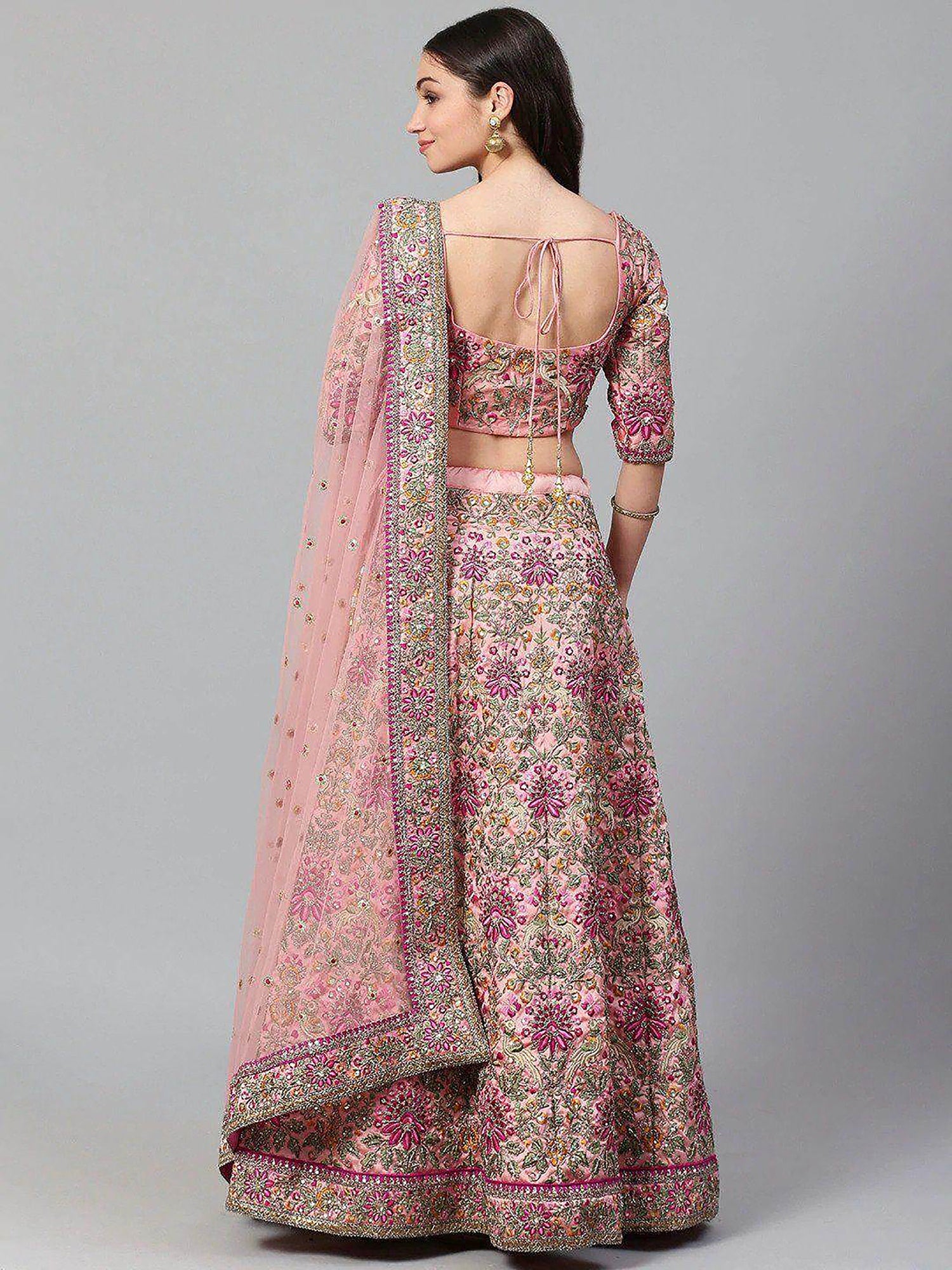 Beautiful Peach Embroidered Silk Sangeet Wear Plus Size Lehenga Choli