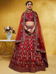 Fascinating Red Embroidered Silk Bridal Lehenga Choli With Dupatta
