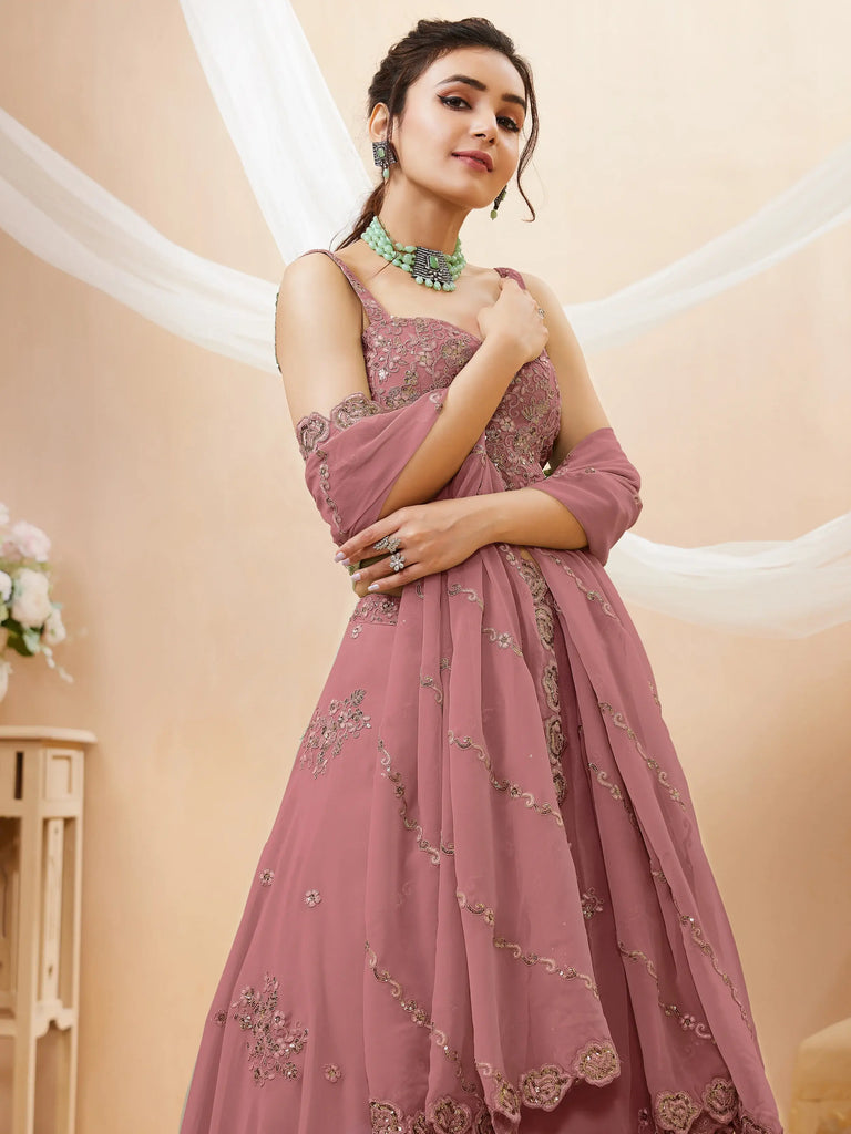 Attractive Dusty Pink Sequins Georgette Party Wear Lehenga Choli