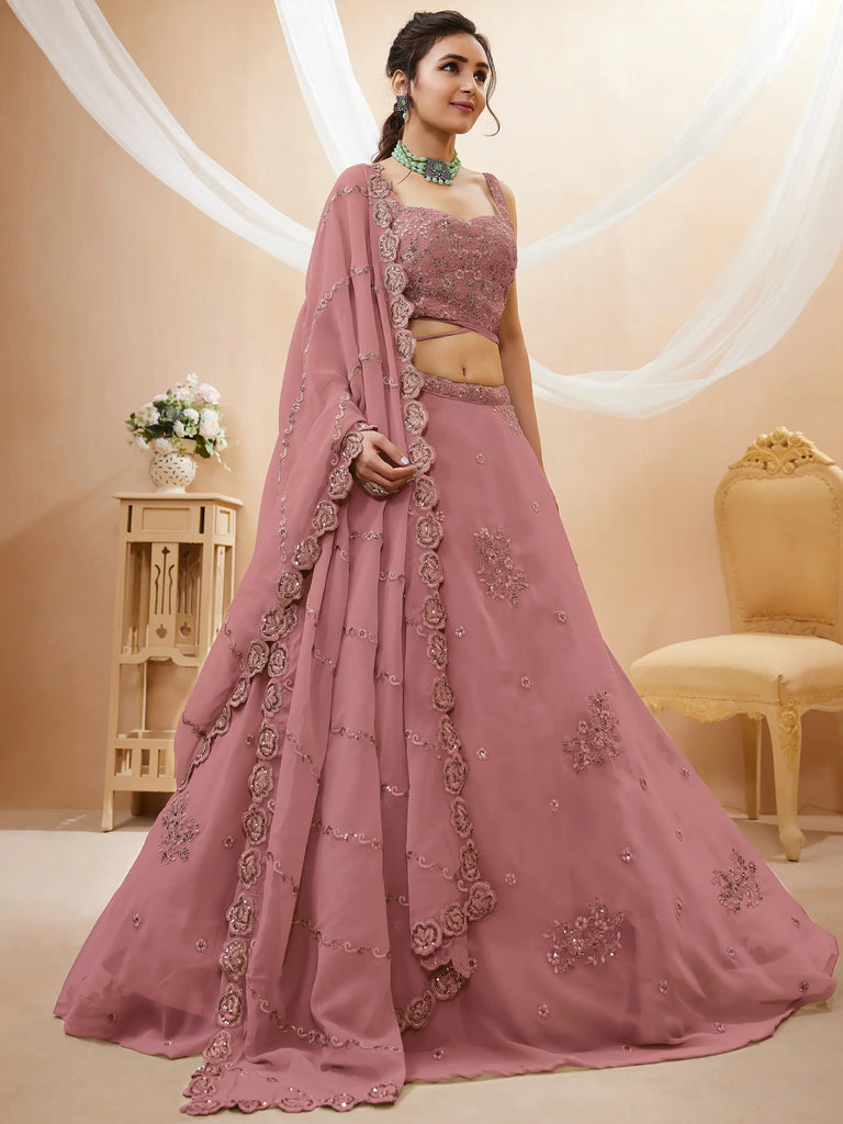 Attractive Dusty Pink Sequins Georgette Party Wear Lehenga Choli