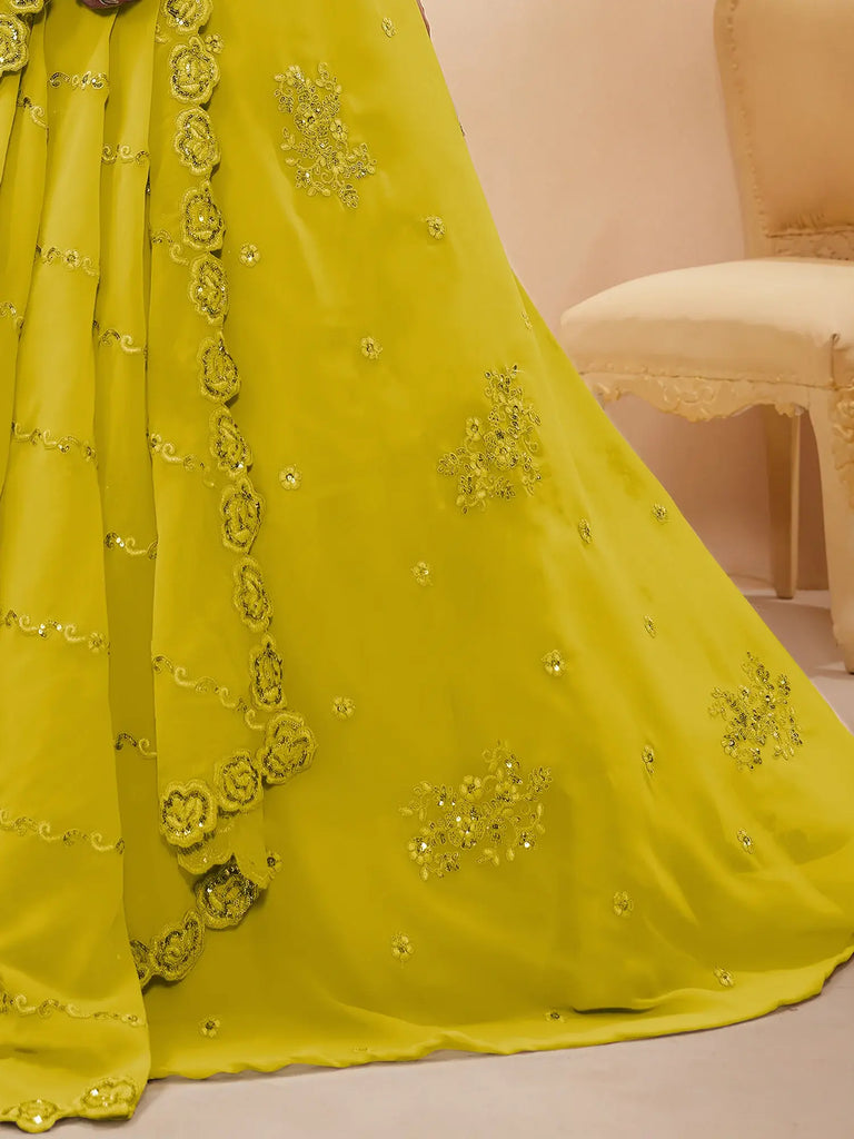 Adorable Neon Yellow Sequins Georgette Wedding Wear Lehenga Choli