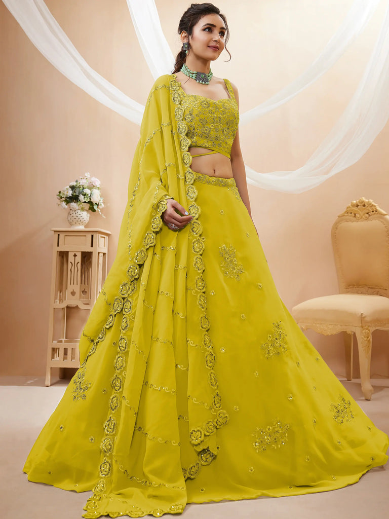 Adorable Neon Yellow Sequins Georgette Wedding Wear Lehenga Choli