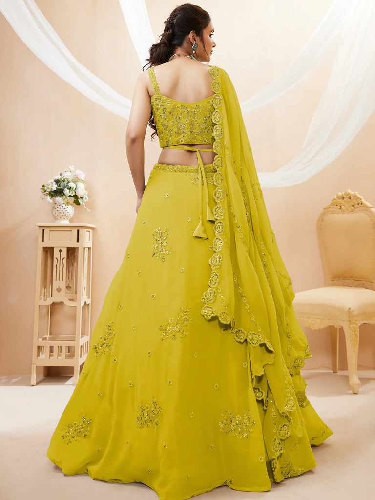 Adorable Neon Yellow Sequins Georgette Wedding Wear Lehenga Choli