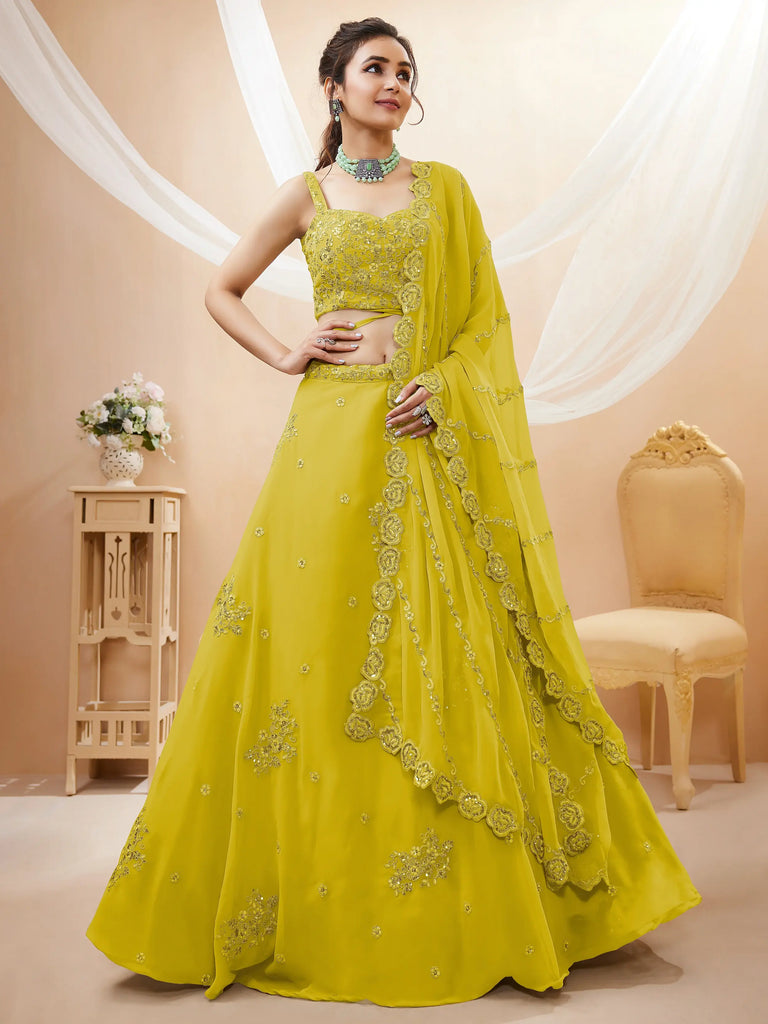 Adorable Neon Yellow Sequins Georgette Wedding Wear Lehenga Choli