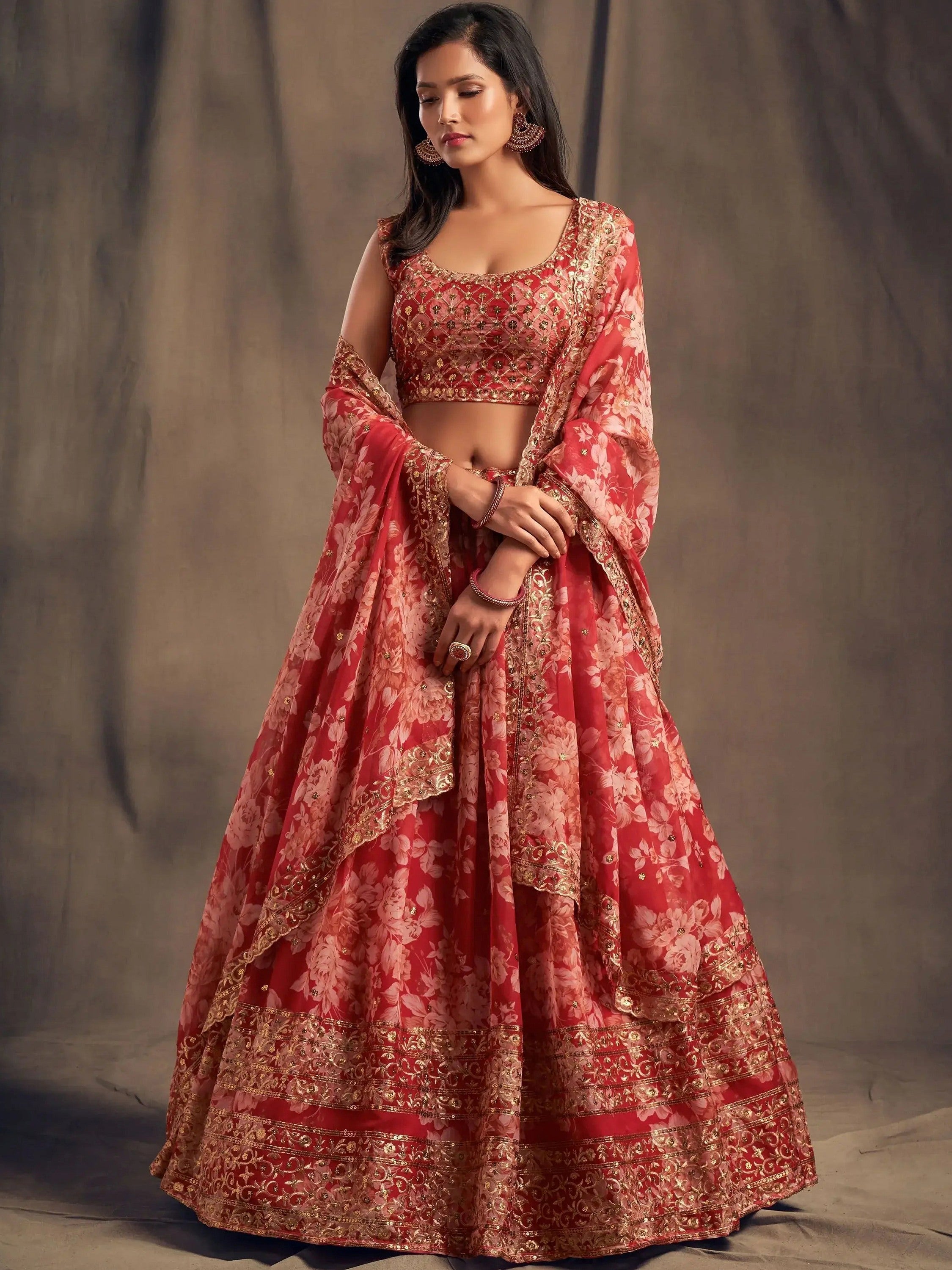 Attractive Red Printed Organza Wedding Wear Plus Size Lehenga Choli