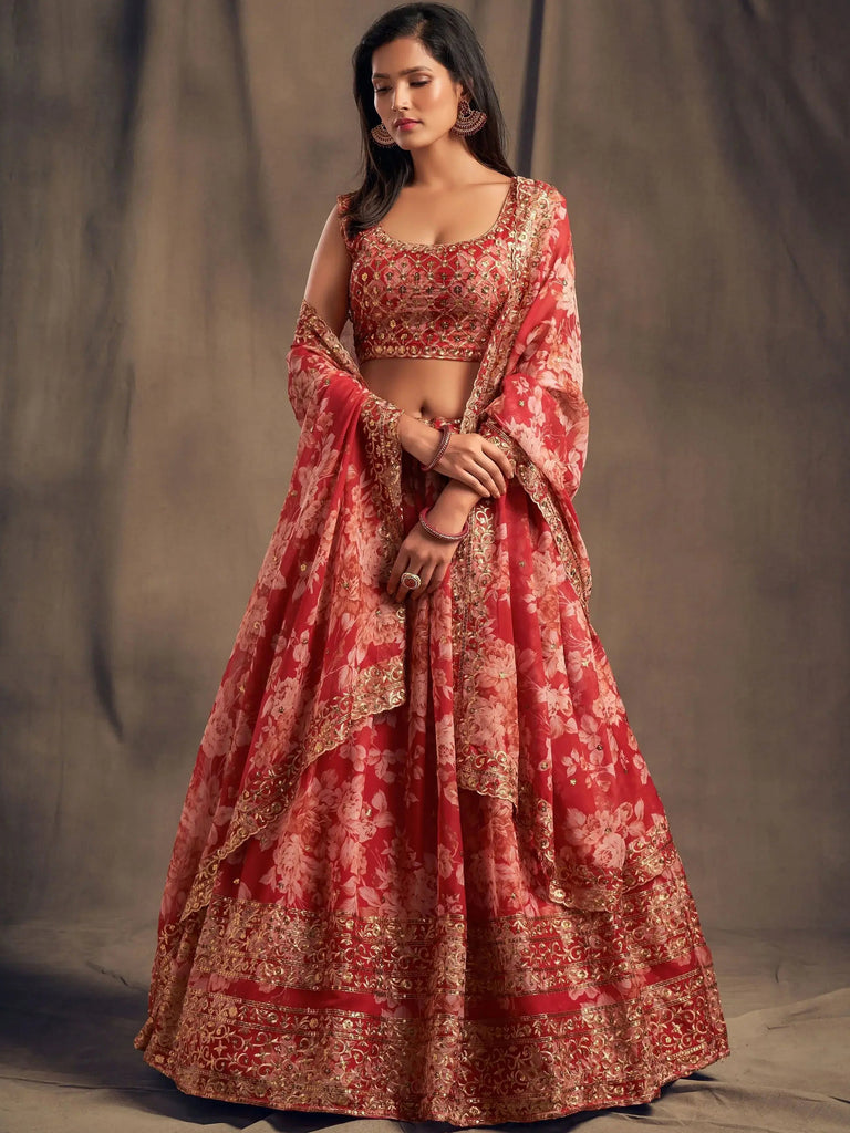 Attractive Red Printed Organza Wedding Wear Plus Size Lehenga Choli