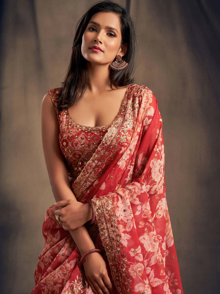 Attractive Red Printed Organza Wedding Wear Plus Size Lehenga Choli