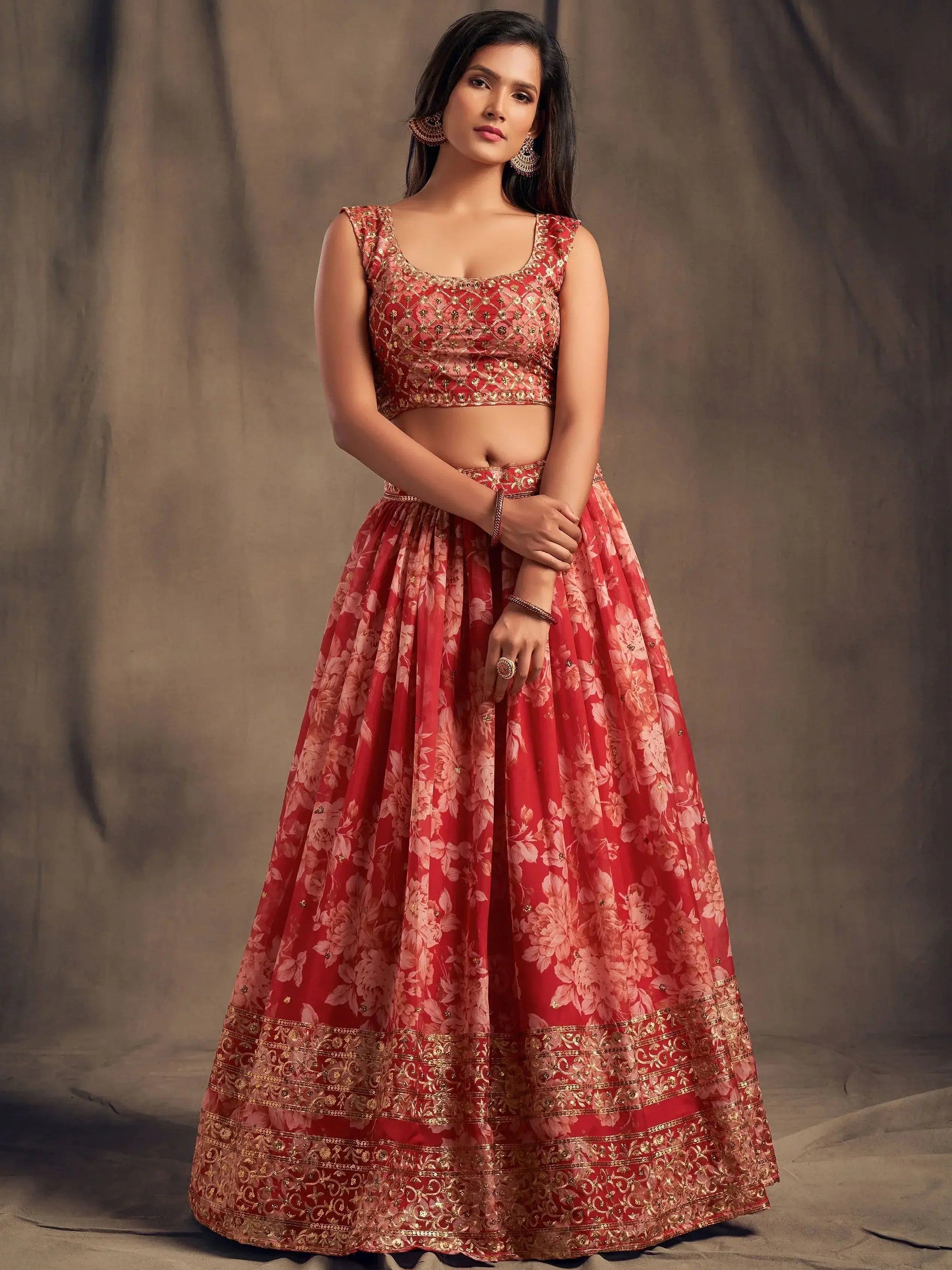 Attractive Red Printed Organza Wedding Wear Plus Size Lehenga Choli