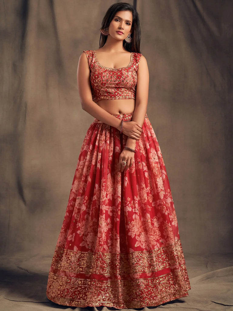 Attractive Red Printed Organza Wedding Wear Plus Size Lehenga Choli