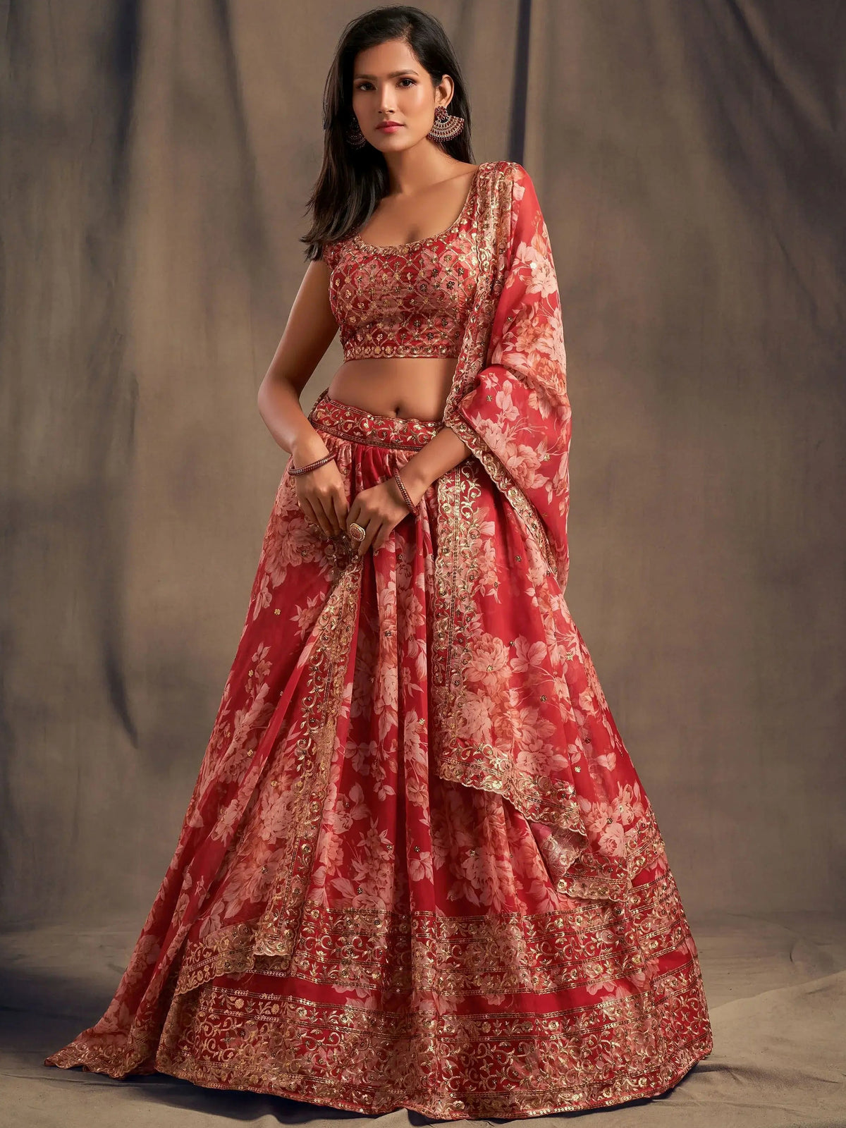 Attractive Red Printed Organza Wedding Wear Plus Size Lehenga Choli