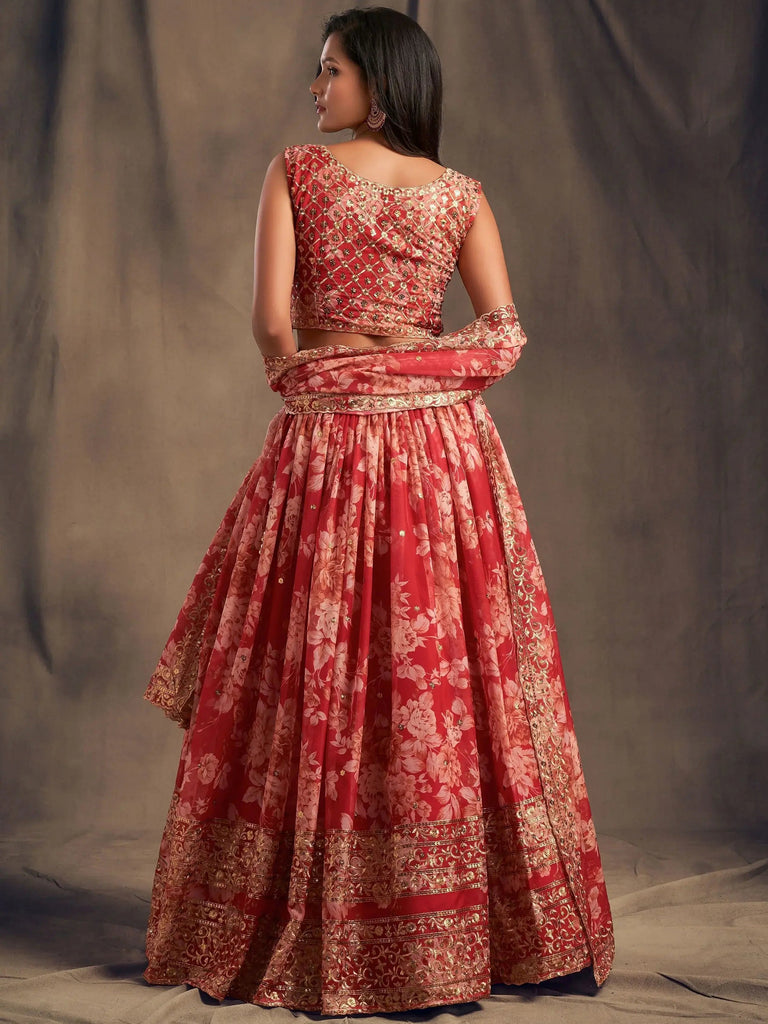 Attractive Red Printed Organza Wedding Wear Plus Size Lehenga Choli