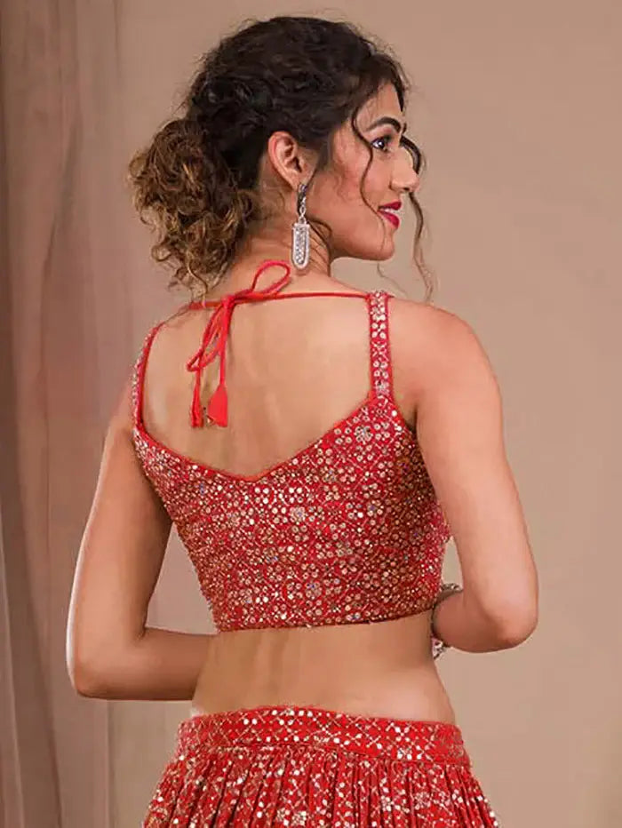 Adorable Red Sequins Georgette Wedding Lehenga Choli With Dupatta