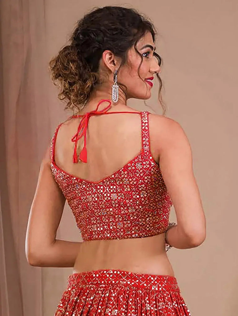 Adorable Red Sequins Georgette Wedding Lehenga Choli With Dupatta