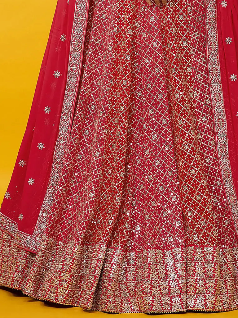 Adorable Red Sequins Georgette Wedding Lehenga Choli With Dupatta