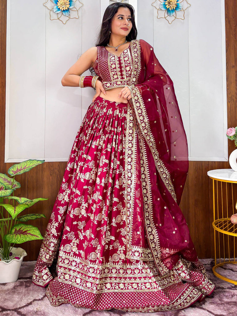 Charming Maroon Zari Weaving Silk Wedding Lehenga Choli With Dupatta