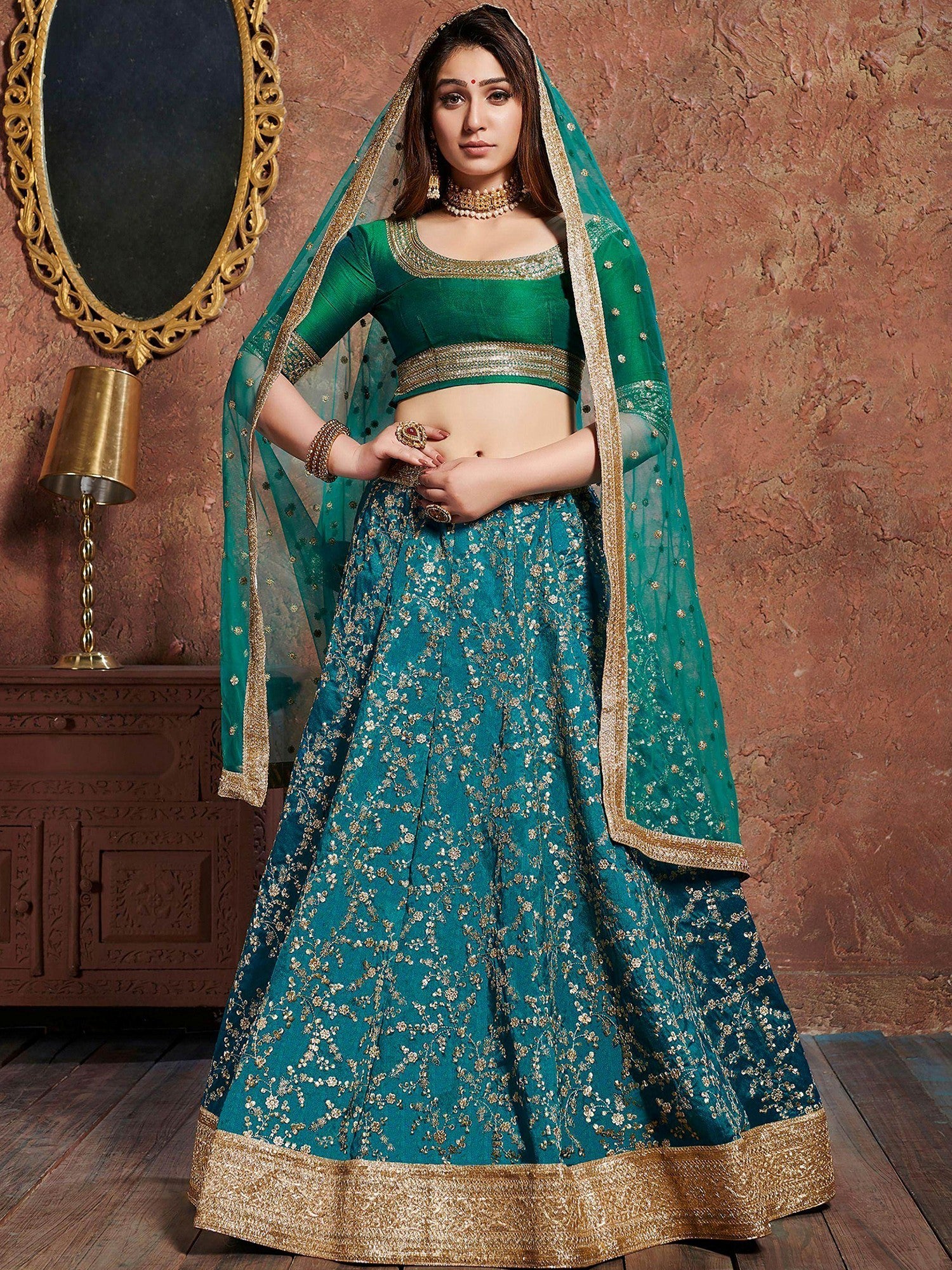 Stunning Green Embroidered Silk Bridesmaid Plus Size Lehenga Choli