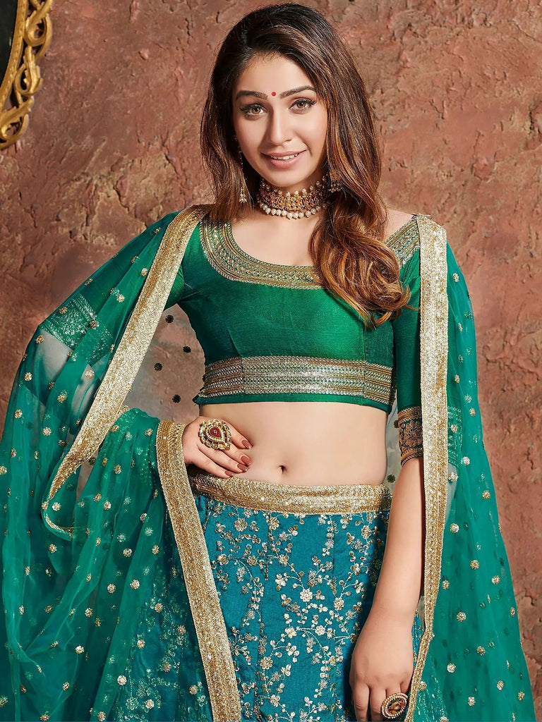 Stunning Green Embroidered Silk Bridesmaid Plus Size Lehenga Choli