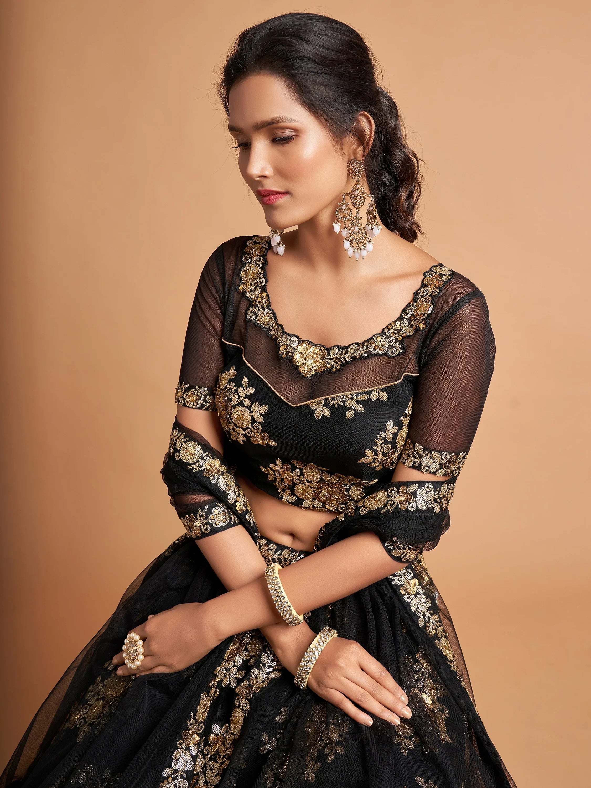 Beautiful Black Sequins Net Party Wear Plus Size Lehenga Choli
