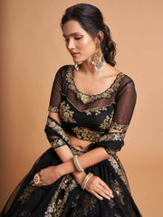 Awesome Black Zari Embroidery Net Party Wear Lehenga Choli