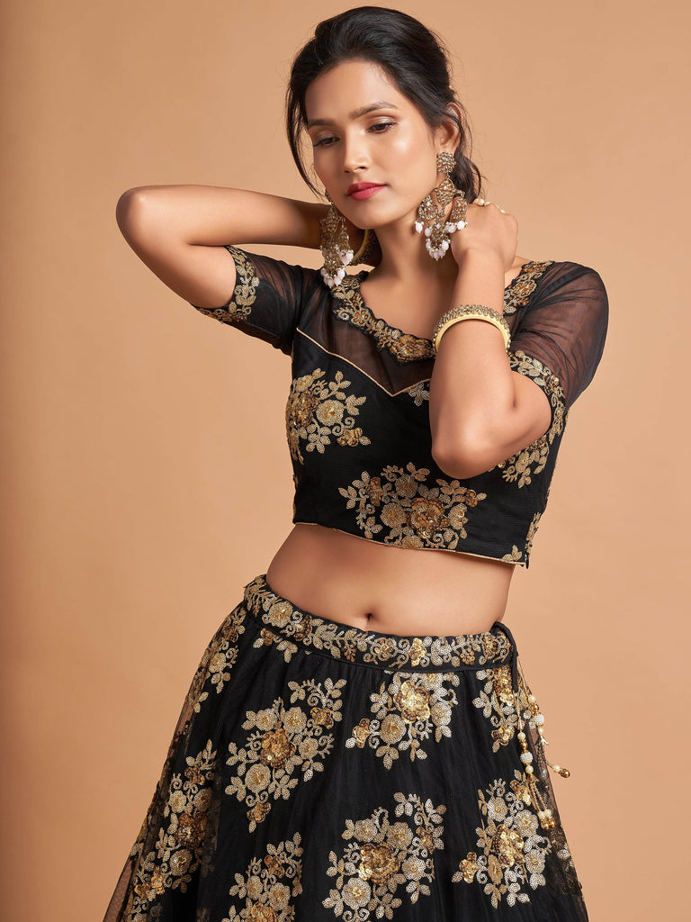Awesome Black Zari Embroidery Net Party Wear Lehenga Choli