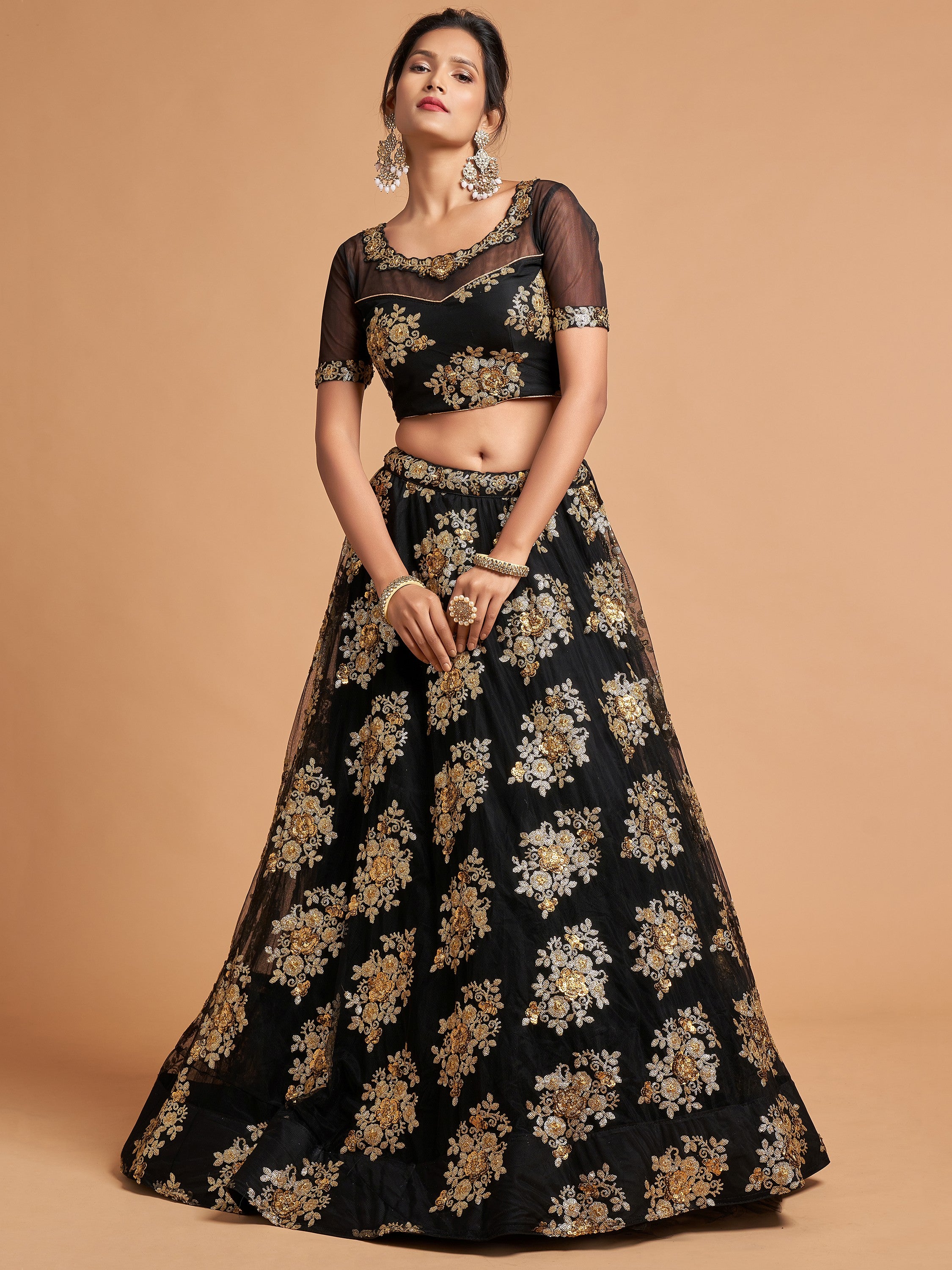 Beautiful Black Sequins Net Party Wear Plus Size Lehenga Choli