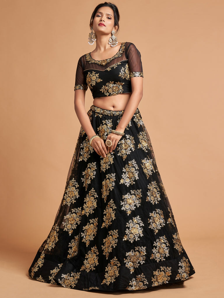 Beautiful Black Sequins Net Party Wear Plus Size Lehenga Choli