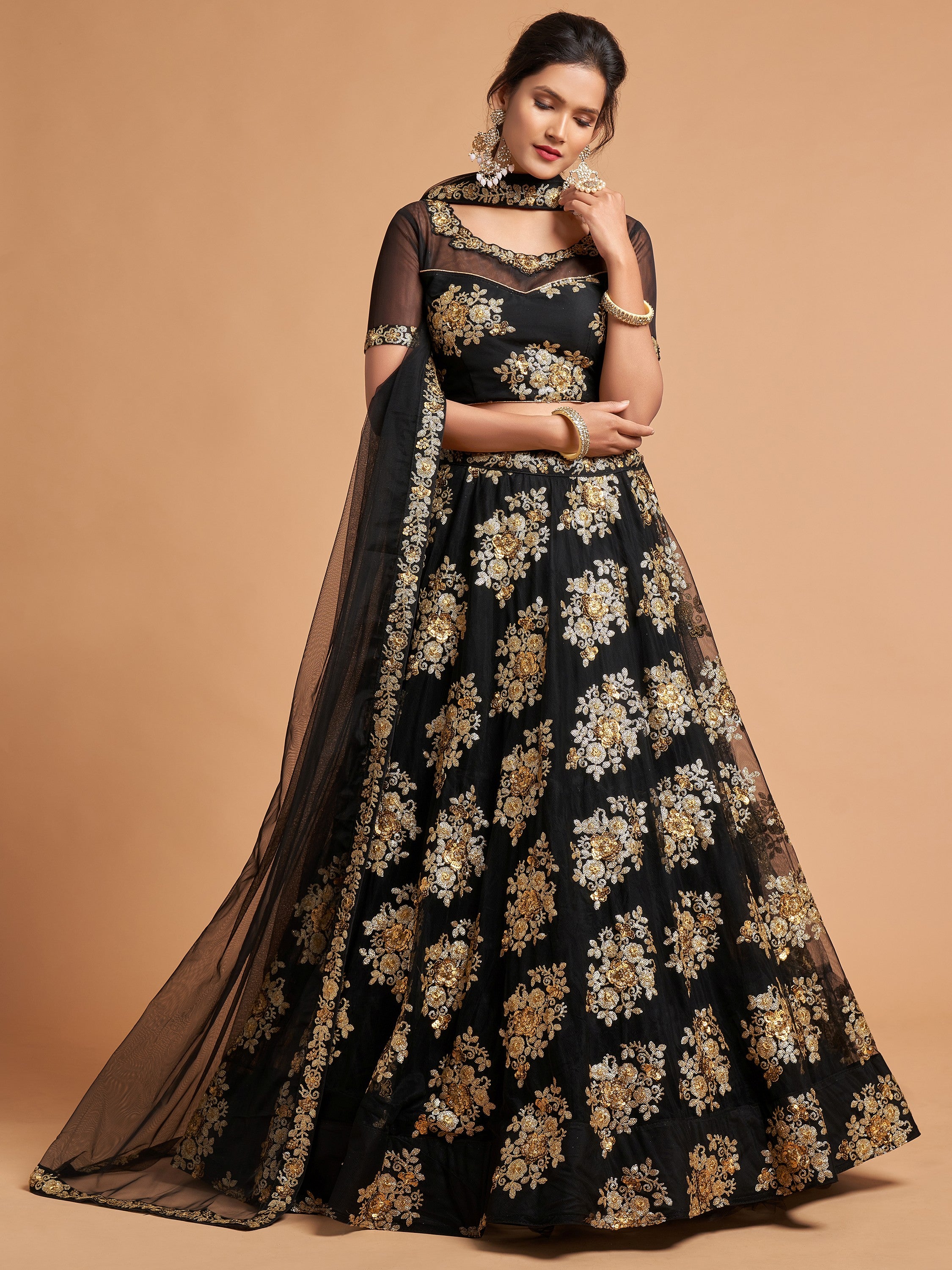 Beautiful Black Sequins Net Party Wear Plus Size Lehenga Choli