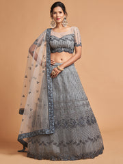 Pretty Grey Embroidered Net Reception Wear Plus Size Lehenga Choli