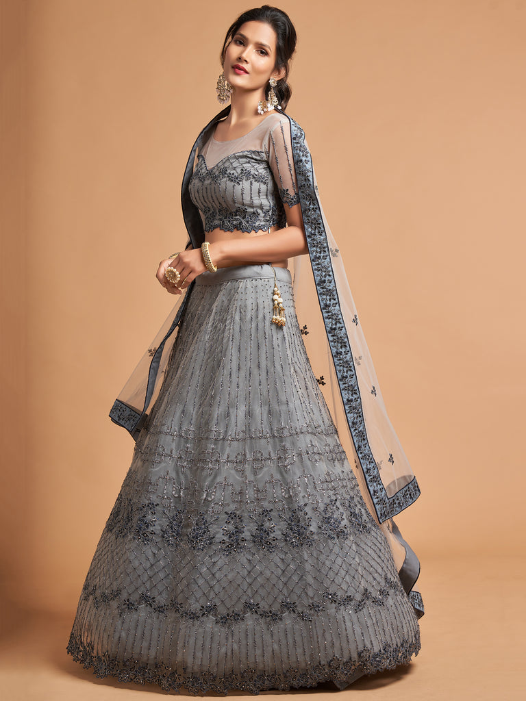 Pretty Grey Embroidered Net Reception Wear Plus Size Lehenga Choli