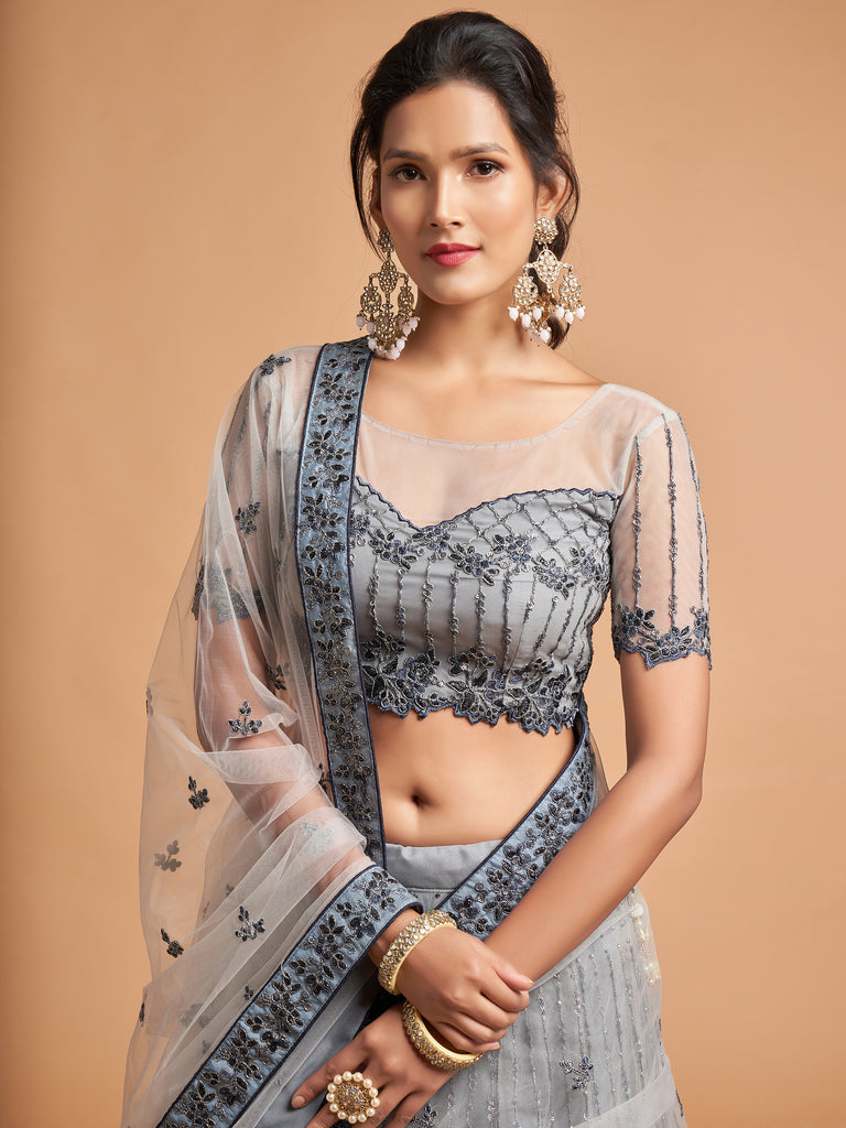 Pretty Grey Embroidered Net Reception Wear Plus Size Lehenga Choli
