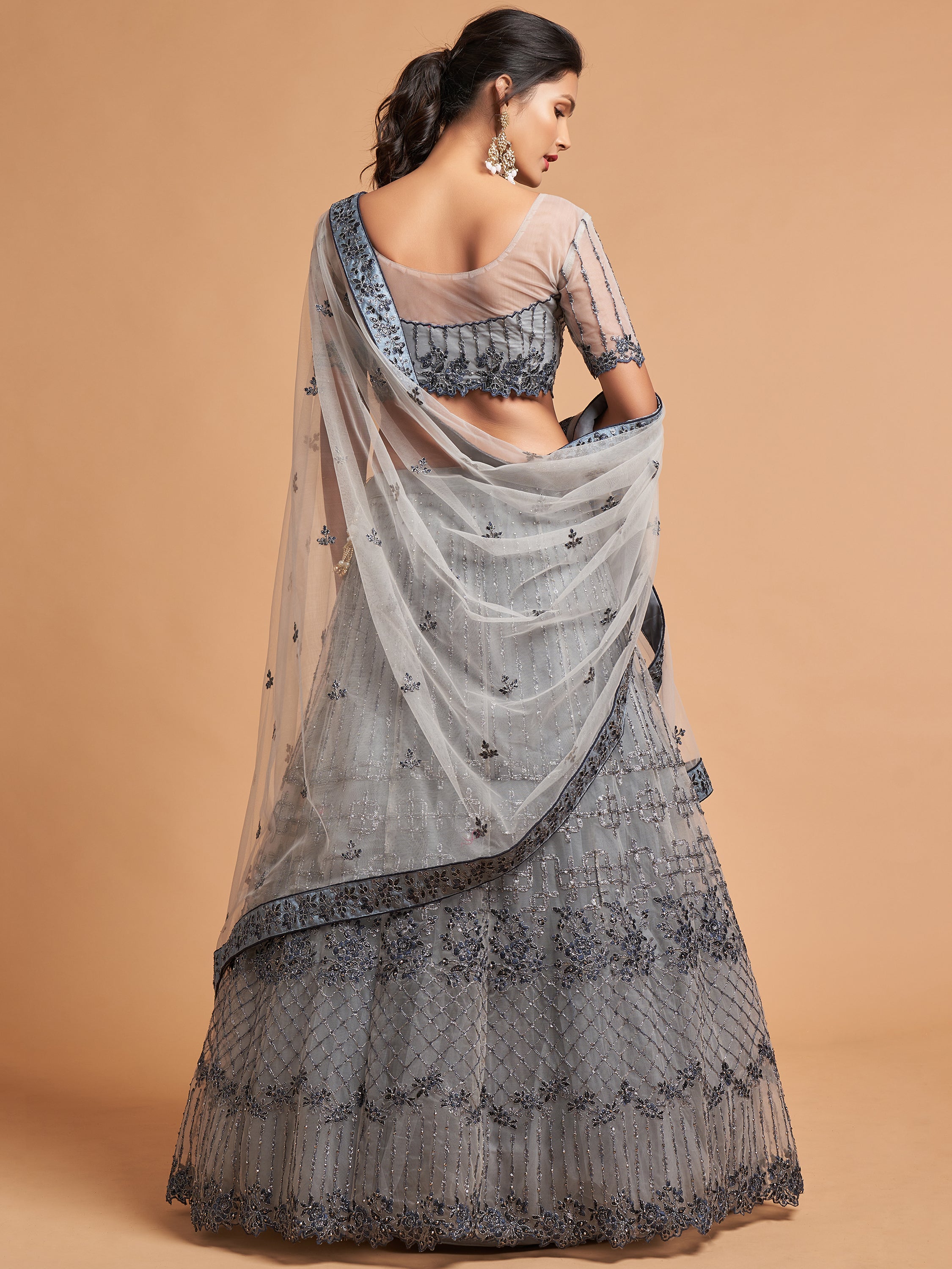 Pretty Grey Embroidered Net Reception Wear Plus Size Lehenga Choli