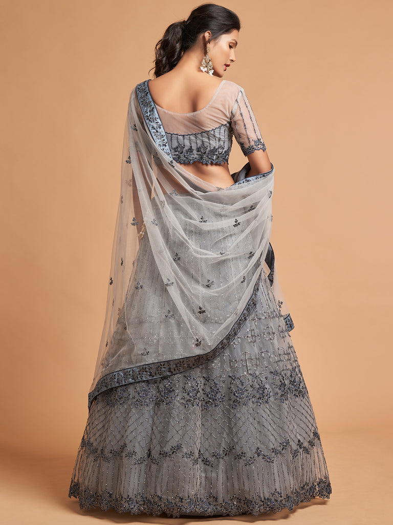 Pretty Grey Embroidered Net Reception Wear Plus Size Lehenga Choli