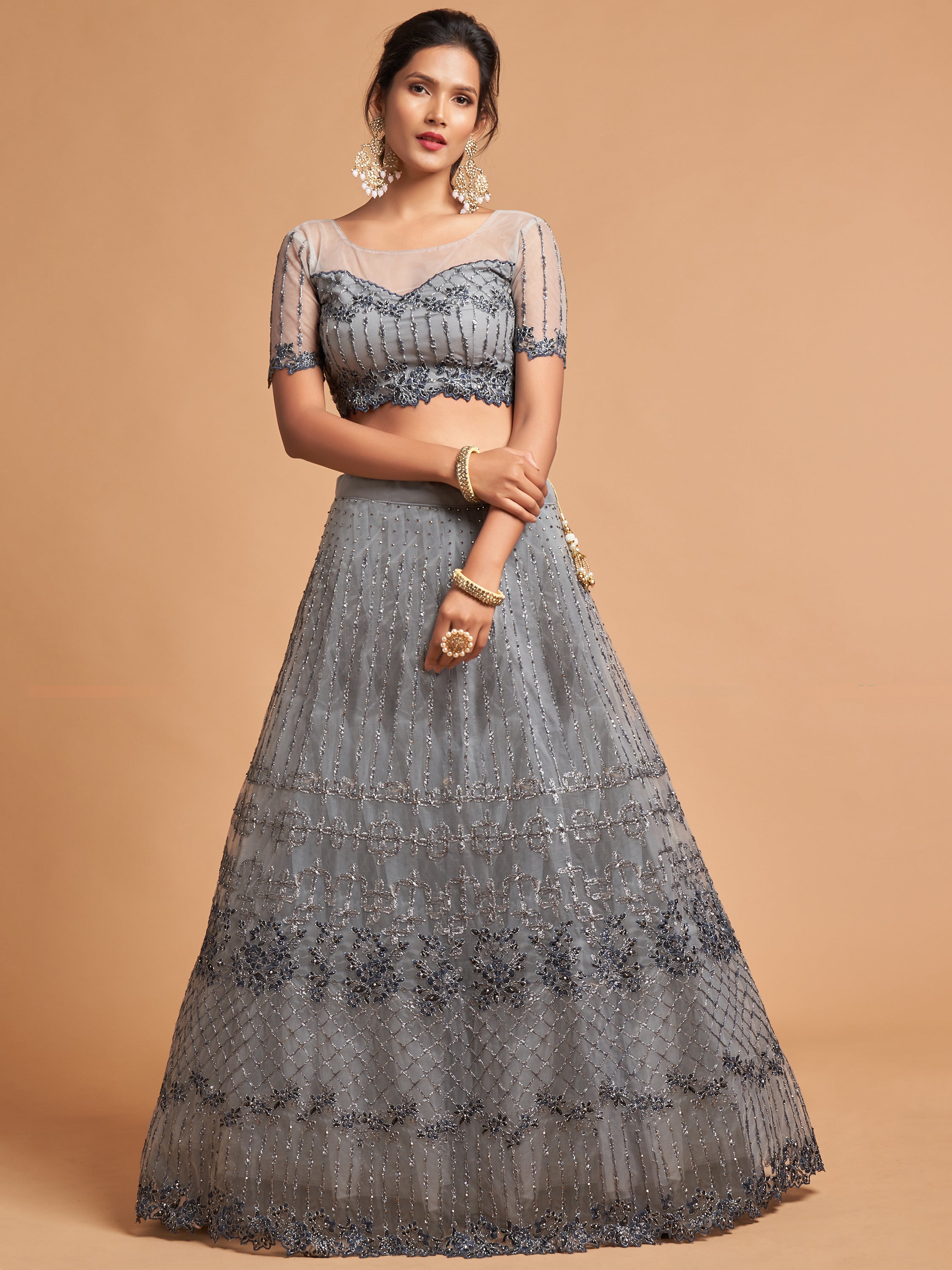 Pretty Grey Embroidered Net Reception Wear Plus Size Lehenga Choli