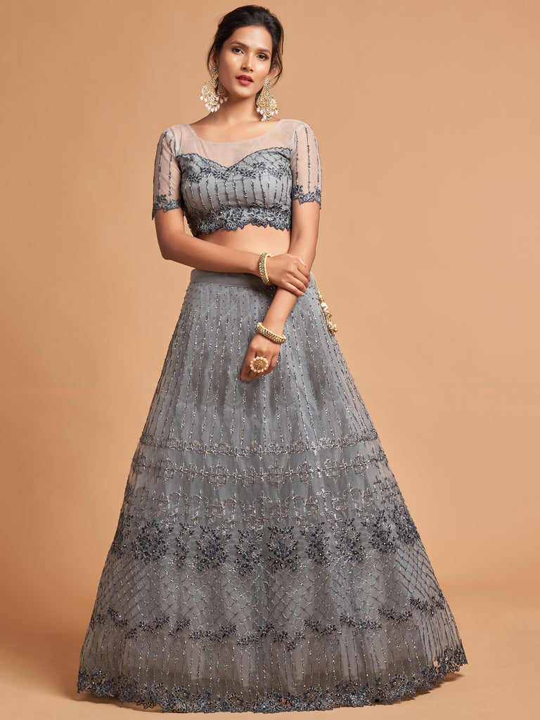 Pretty Grey Embroidered Net Reception Wear Plus Size Lehenga Choli
