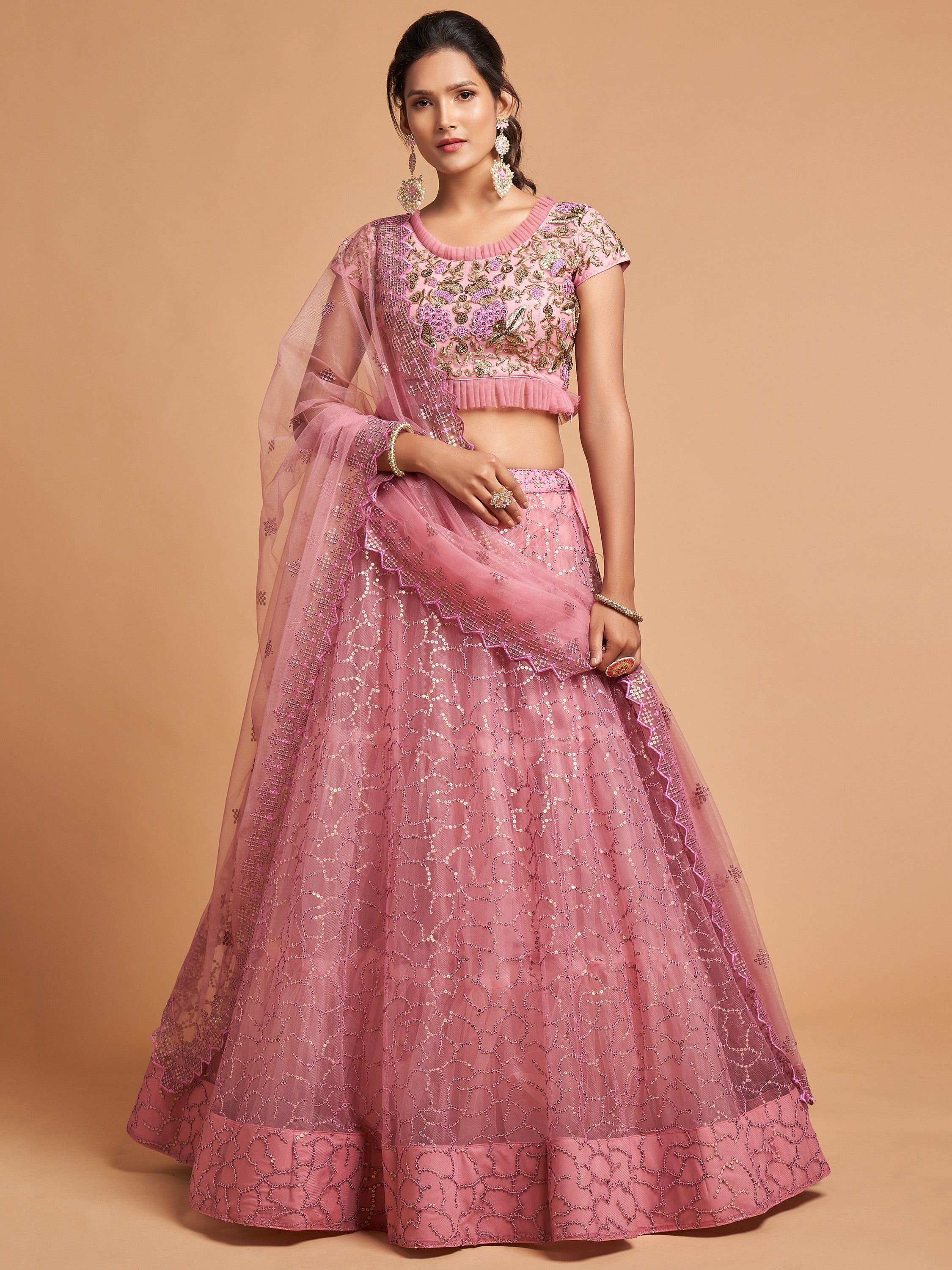 Elegant Pink Embroidered Net Engagement Wear Plus Size Lehenga Choli