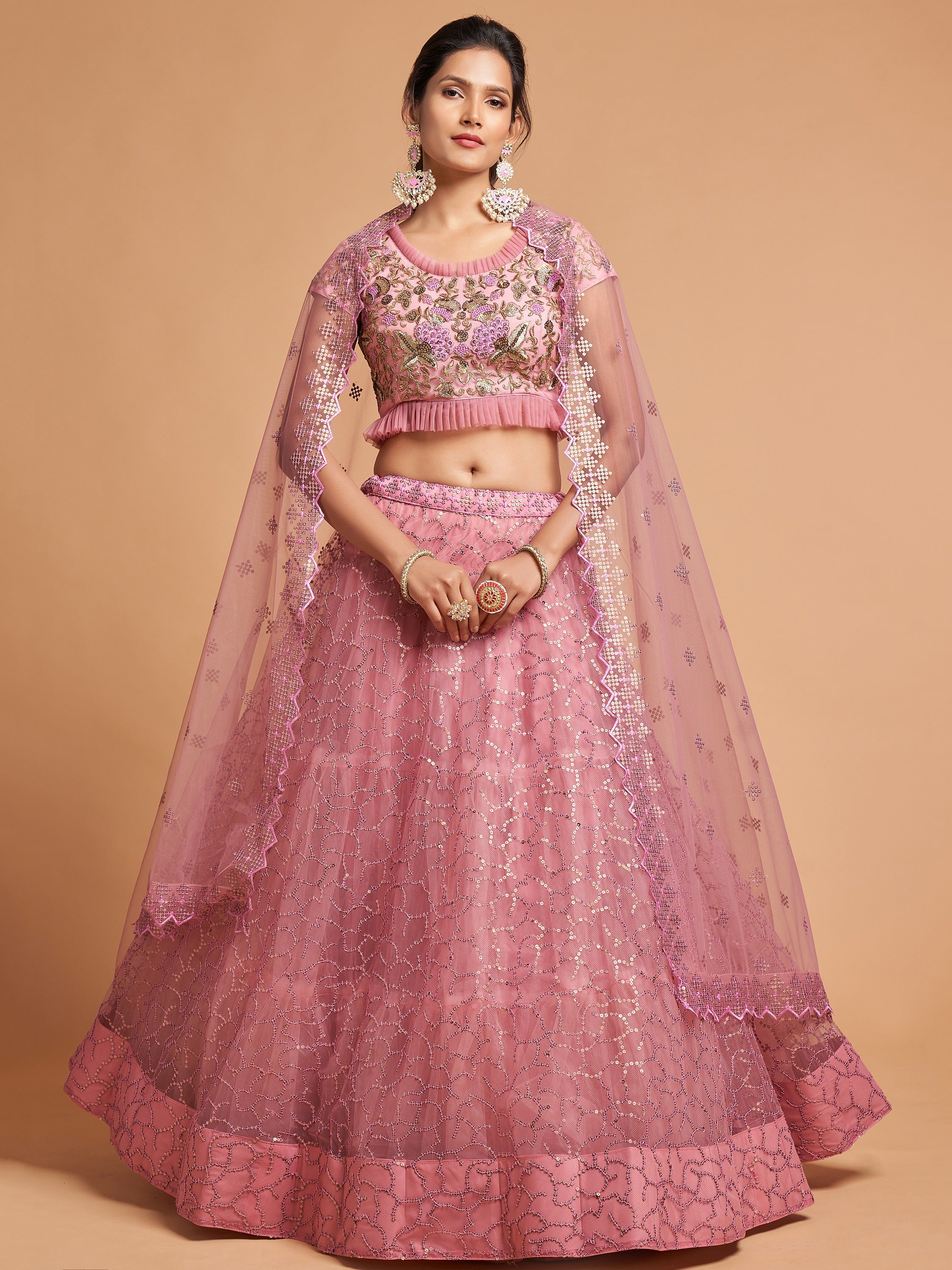 Elegant Pink Embroidered Net Engagement Wear Plus Size Lehenga Choli