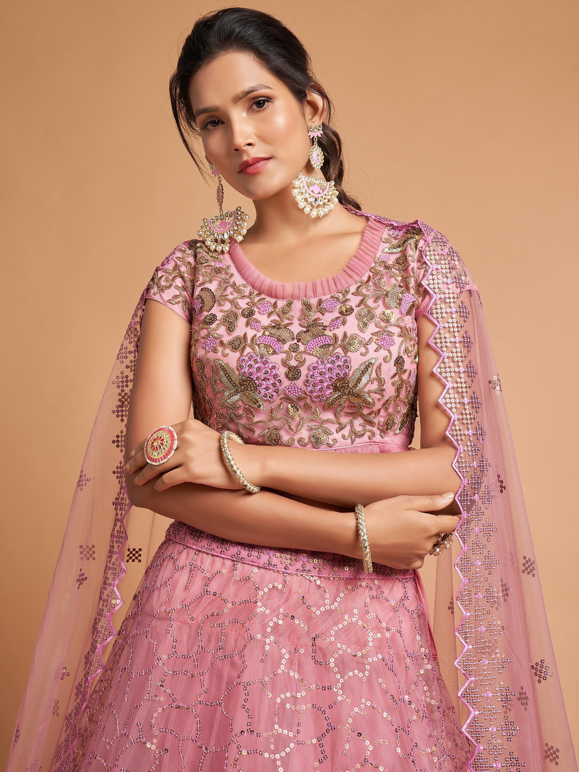 Elegant Pink Embroidered Net Engagement Wear Plus Size Lehenga Choli