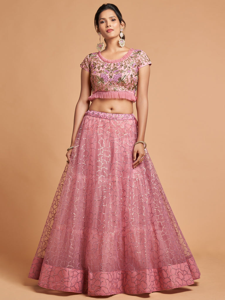 Elegant Pink Embroidered Net Engagement Wear Plus Size Lehenga Choli